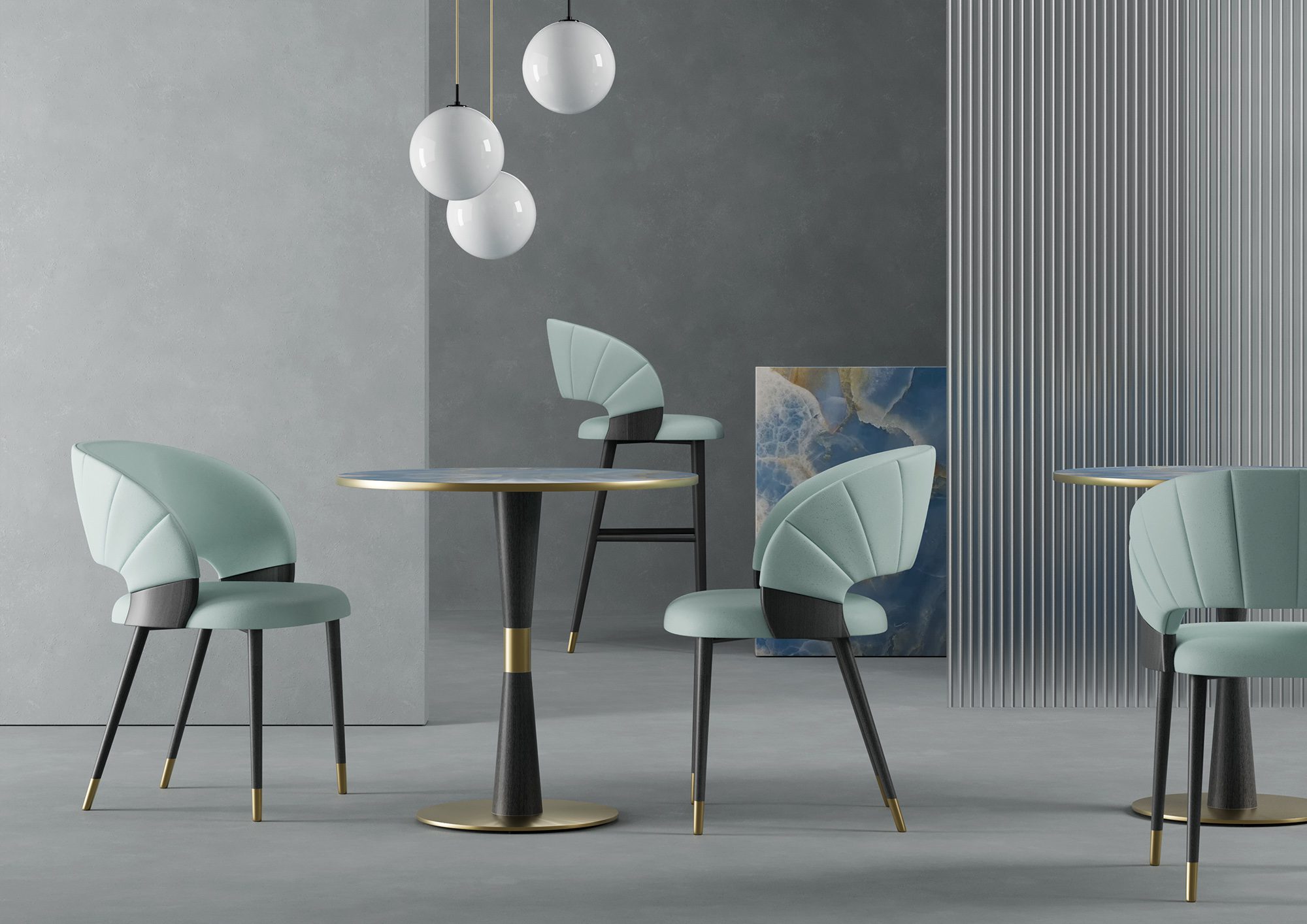 Soft chair from Bourne Furniture UK collection with vertical fluted backrest and radiating lines, referencing Art Deco sunburst motifs; pale blue fabric upholstery with leather detail.