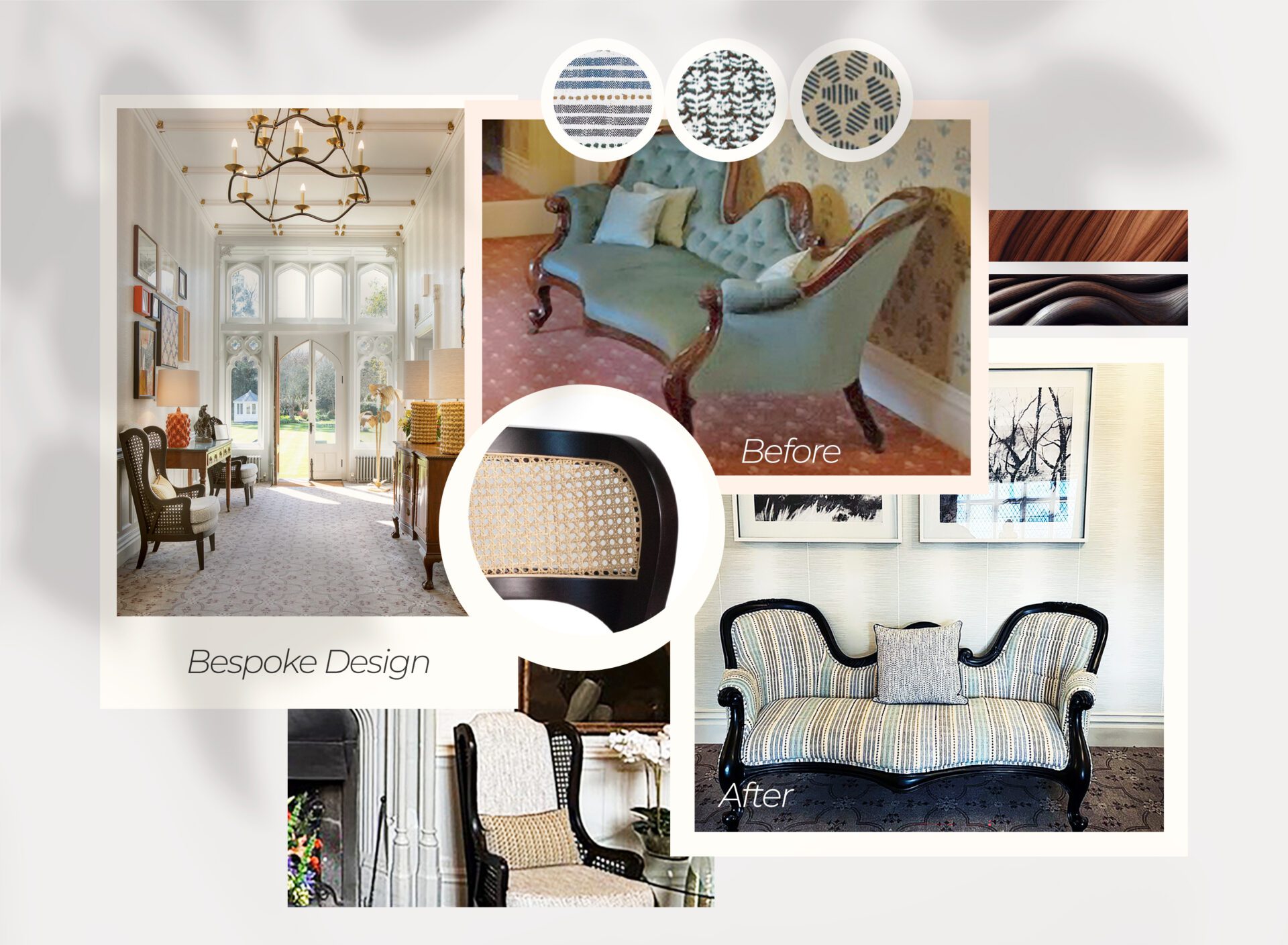 Contract furniture restoration mood board for Horsted place featuring bespoke upholstery, timber finishes, and before-and-after chair transformations.